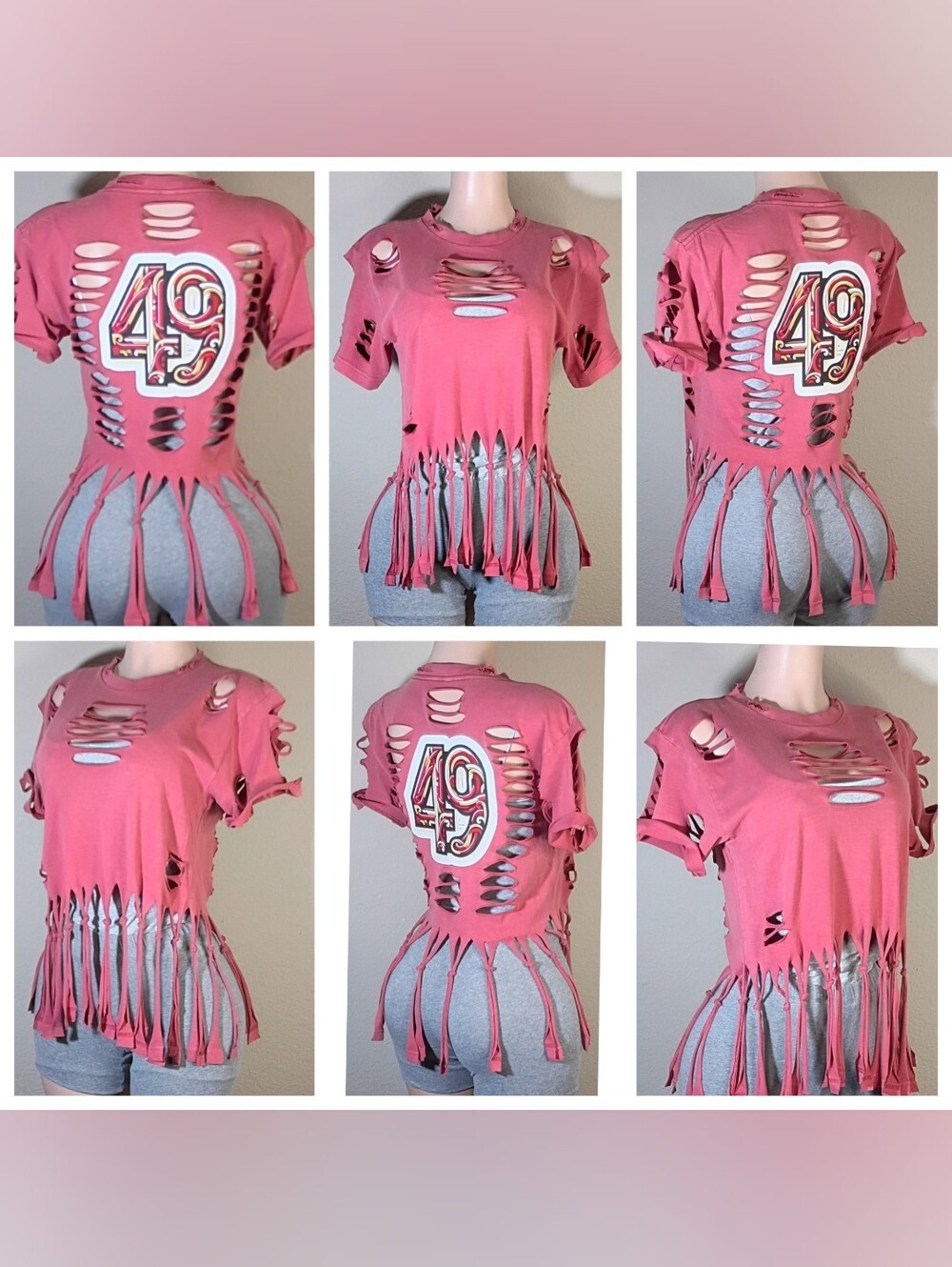 San Francisco 49ers Custom  Distressed Fringe Women's Tee with '49' Graphic